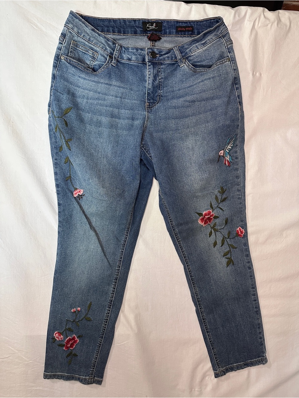 Earl Jeans Blue Jeans with Pink Floral & Bird Embroidery